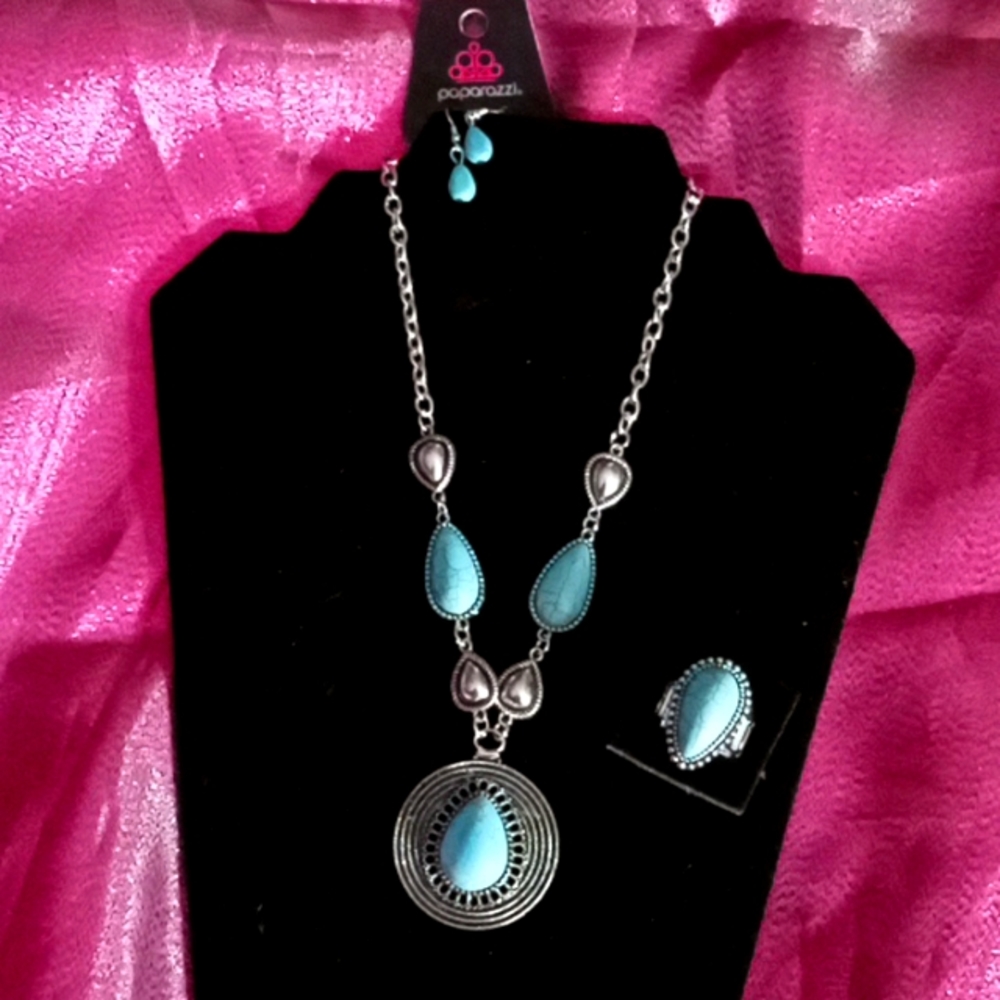 Paparazzi Turquoise Necklace, Earrings and Ring In a Set